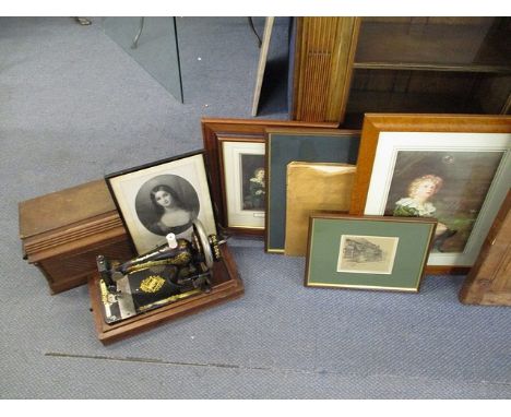A selection of framed and glazed prints to include two prints entitled 'Bubbles' , together with a cased Singer sewing machin