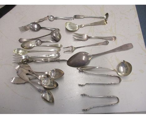 Silver and silver plated flatware to include a sterling silver sauce ladle with a pouring lip, teaspoons, cake forks, two Ame
