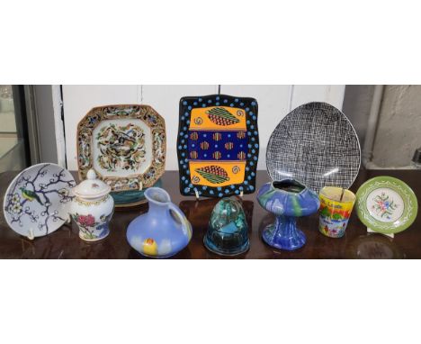 Belgian Faiencerie Thurin 1930s lava drip glaze ewer and and drip glaze Tulip vase - both 8cm, nine other ceramic items.(11)i