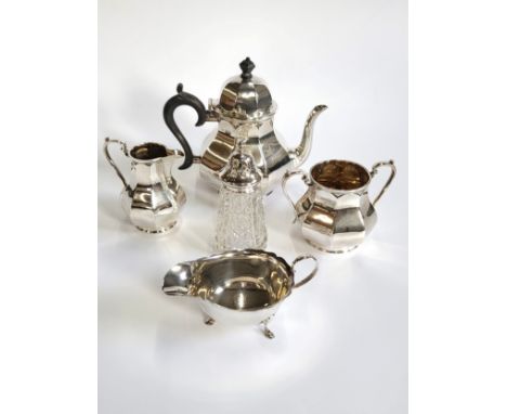 A silver tea set by Harrison Brothers &amp; Howson (George Howson), Sheffield consisting of a teapot (1926) with a hinge top 