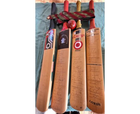 Four signed cricket bats from the 1990's. Signed by: Neil Sargeant, Mark Butcher, Adam Hollyoake, Jason de la Pena, Alec Stew