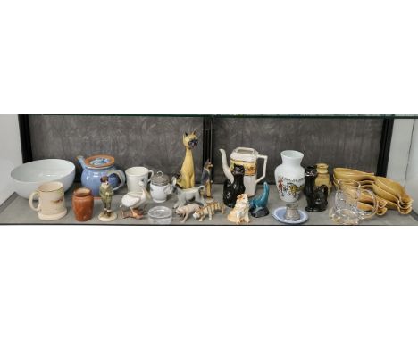 Ten ceramic animals including Jema 456 Siamese cat 25cm, and Poole Sea lion, alabaster lion 11cm, Jersey Pottery tablewares, 