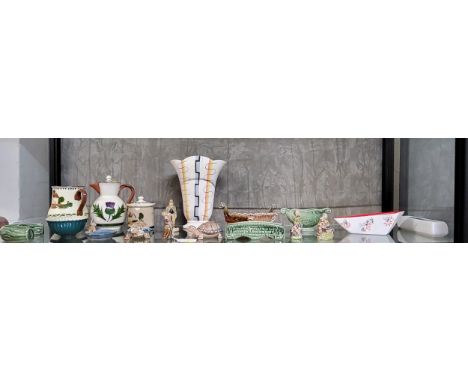 Sylvac red and white angular vase 20cm wide, Poole trough 16cm long, Brentleigh vase 23cm, Watcombe tablewares, and Wade orna