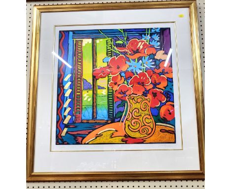 Simon Bull signed artwork, in his unique style of pastel, guoache and gold leaf, Framed &amp; glazed. 'Vase of Flowers' serig