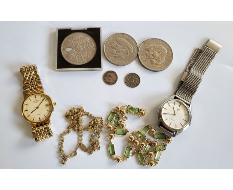 Pulsar and Rotary watches, three crowns (including two Charles and Diana), two silver threepennies, an 18ct gold plated neckl