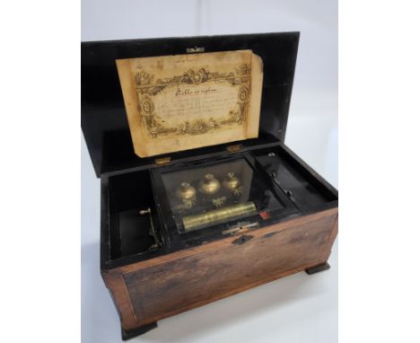 A Swiss made mahogany hinged lid musical box with a musical instrument inlay and a list of songs include 'Ring-Ling--Ting-Tay