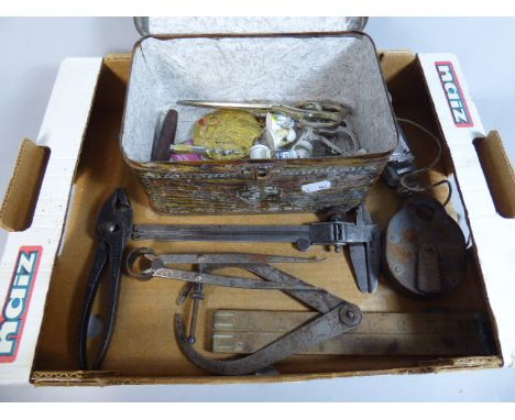 A Scumble Glazed Vintage Tin and Collection of Engineers Tools Etc 