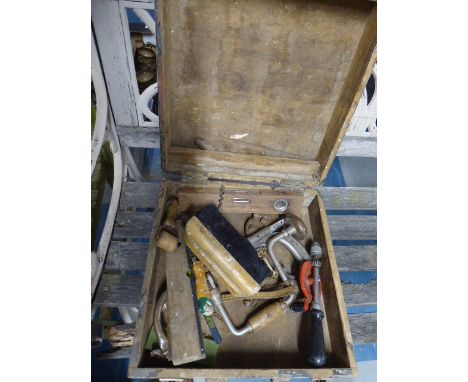A Wooden Tool Box Containing Vintage Tools