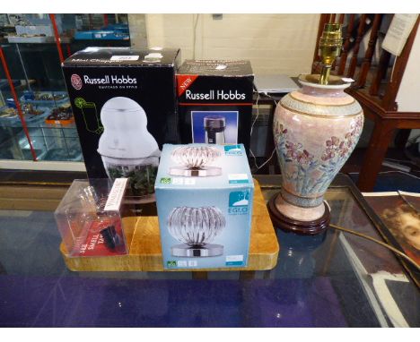 A Collection of Kitchenwares to Include Coffee Grinder, Mini Chopper, Bread Board and Table Lamp