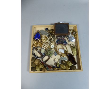 A Small Collection of Costume Jewellery, Photo Frame, Decanter Label, Wrist Watches, Military Buttons etc