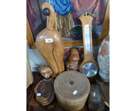 A Tray of Treen Ware to Include Animal Ornaments, Boxwood Chess Set, Barometer, Oriental Teapot in Wicker Case 