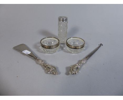 A Collection of Silver Plated Items to Include Glass Dressing Table Pots, Button Hook, Shoe Horn