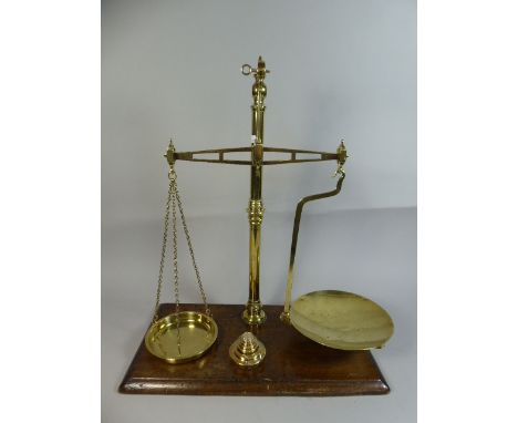 A Victorian Set of Brass Scales by W&T Avery on Wooden Plinth Base, 50cm Wide and 61cm high