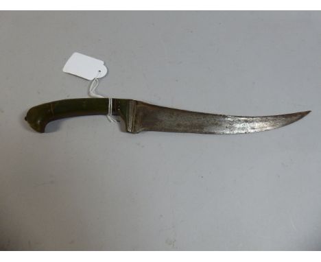A Green Jade Handled Dagger with Curved Blade, 31cm Long