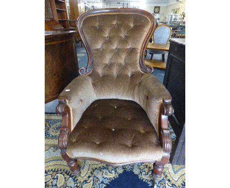 A Victorian Mahogany Framed Button Upholstered Ladies Armchair 