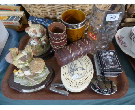 A Tray of Sundries to Include Leather Cups, Playing Cards, Cribbage Board Etc