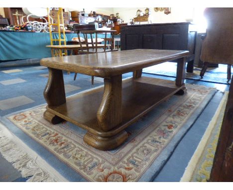 A Large Heavy Rectangular Oak Coffee Table with Stretcher Shelf, 140x70cm 