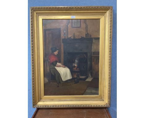 J. Fontaine, portrait of a lady by a fire, oil on canvas, dated 1895, framed 