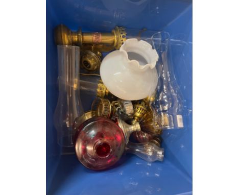 Assorted oil lamp parts, glass chimneys, bases, etc. 