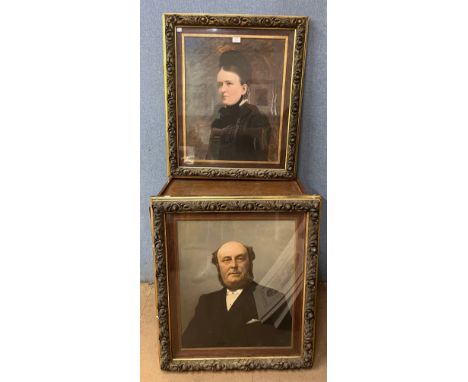 Two early 20th Century over painted portrait prints, framed 