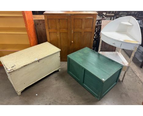Two Victorian pine pantry cupboards, a painted blanket box and a tool box 