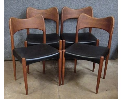 A set of four Danish J.L. Mollers teak and black vinyl 71 model dining chairs, designed by Niels Moller 