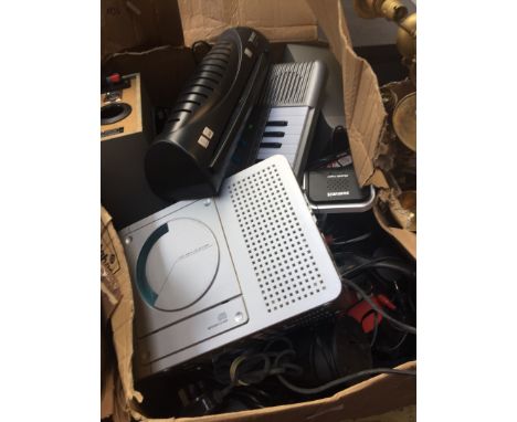 A box of misc electrical items including speakers, Aiwa stereo recorder, cd player, keyboard, etc 