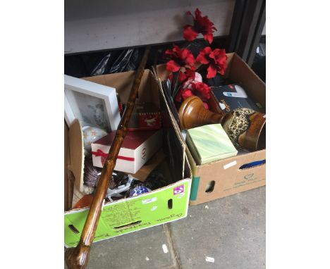 2 boxes of misc items including pottery, walking stick, curtain rail, tins, etc 