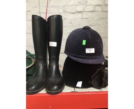 2 young riders hats, boots and a whip 
