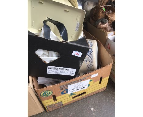 2 boxes containing pottery and kitchenware including scales 