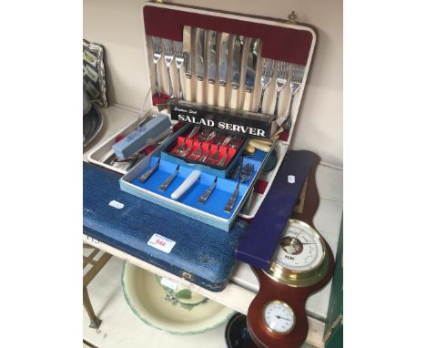 Boxed cutlery, barometer and slide rule 