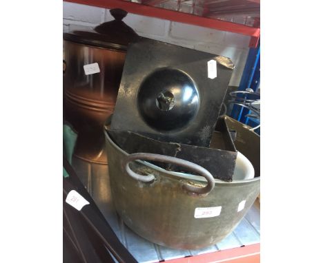A coal scuttle with contents ( companion set ), a jam pan, a lamp and a bowl 