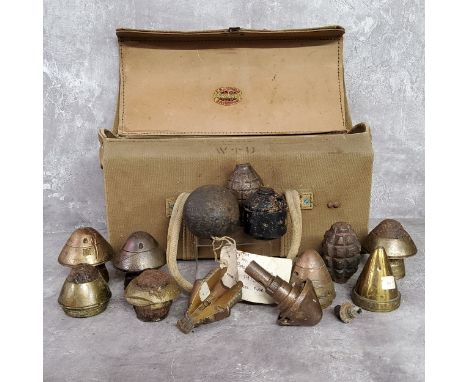 Militaria - A British WWI No. 15 ball hand grenade, French Limon grenade; other ammunition fragments including an unusual cro