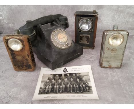 An early 20th century GPO Black Bakelite 332 L telephone with central Sheffield dial card 'area code 22251'; a Forster Equipm