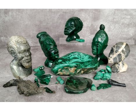 Various malachite carvings including a one piece ashtray, African busts, tree frog, birds,etc; other African stone carvings 