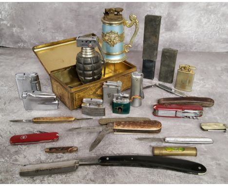 Pocket Knives &amp; Lighters - various Sheffield made pocket knives; Swiss utility knives; Hollow Ground cut throat razor; no
