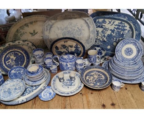 Blue &amp; White Ceramics - three substantial Victorian meat plates, including a Real Old Willow pattern example; 19th centur