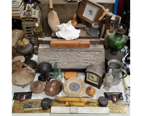 Boxes &amp; Objects - a Bakelite Smiths mantel clock; heavy cast iron outdoor lantern in the form of a telephone box; 19th ce