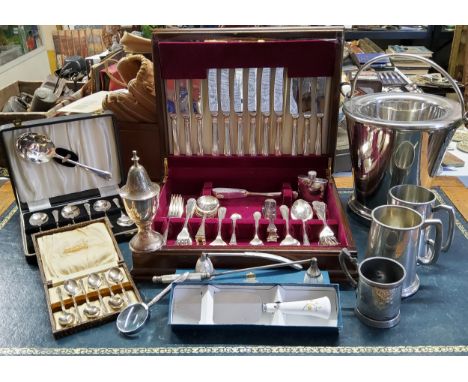 Silverplate - a silver hafted magnifying glass; a canteen of Sheffield Art Deco inspired flatware; 19th century Britania meta