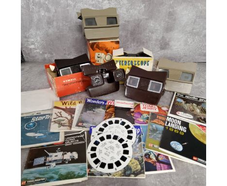 Three Sawyers Bakelite Viewmaster Model E's c.1950s; another two, later grey plastic; various Stereo Pictures including Moon 