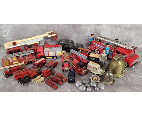 An STI, Hong Kong tinplate friction drive Fire Truck, spring loaded ladder and 3 x standing firemen, boxed; Matchbox Regular 