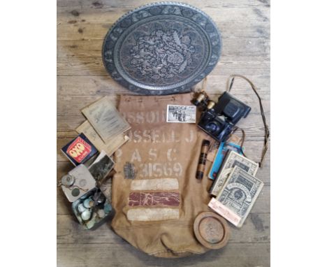 A WWI military canvas bag; coinage;vintage cameras, OXO advertising tin; etc qty 