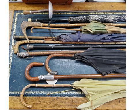 Walking sticks and parasols including a Victorian silver mounted walking cane, ebonised shaft; Scottish wading stick; naive d