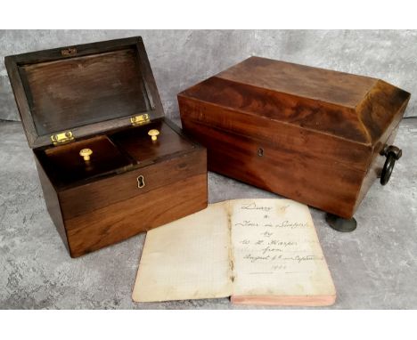 A Regency rosewood tea caddy c.1820; a George III walnut sarcophagus shaped tea caddy raised in bun feet (AF); An Edwardian d