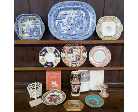 A large Victorian blue and white Real Old Willow pattern meat plate; Leeds creamware coral basket; Nouwerman La Chasse pratt 