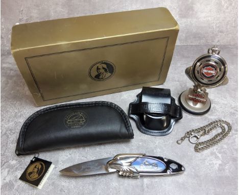 A Franklin Mint Collectors Knives Harley Davidson penknife with pouch and packaging; a Franklin Mint Harley Davidson pocket w