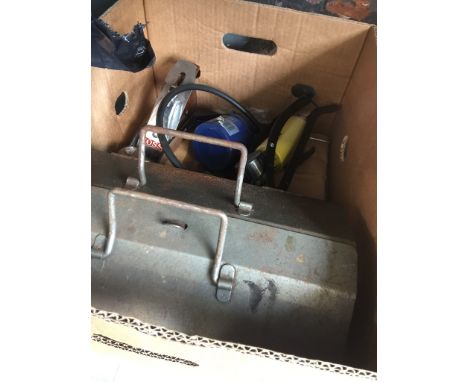 A box of tools, foot pump, toolbox with tools, etc 