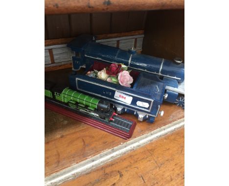 Plastic model train and wooden engine and tender 