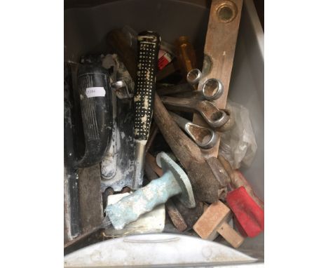 A box of tools including cold chissels, spirit level, spanners, etc 