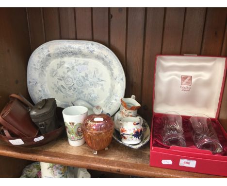 Pottery, boxed glass, binoculars, camera etc. 